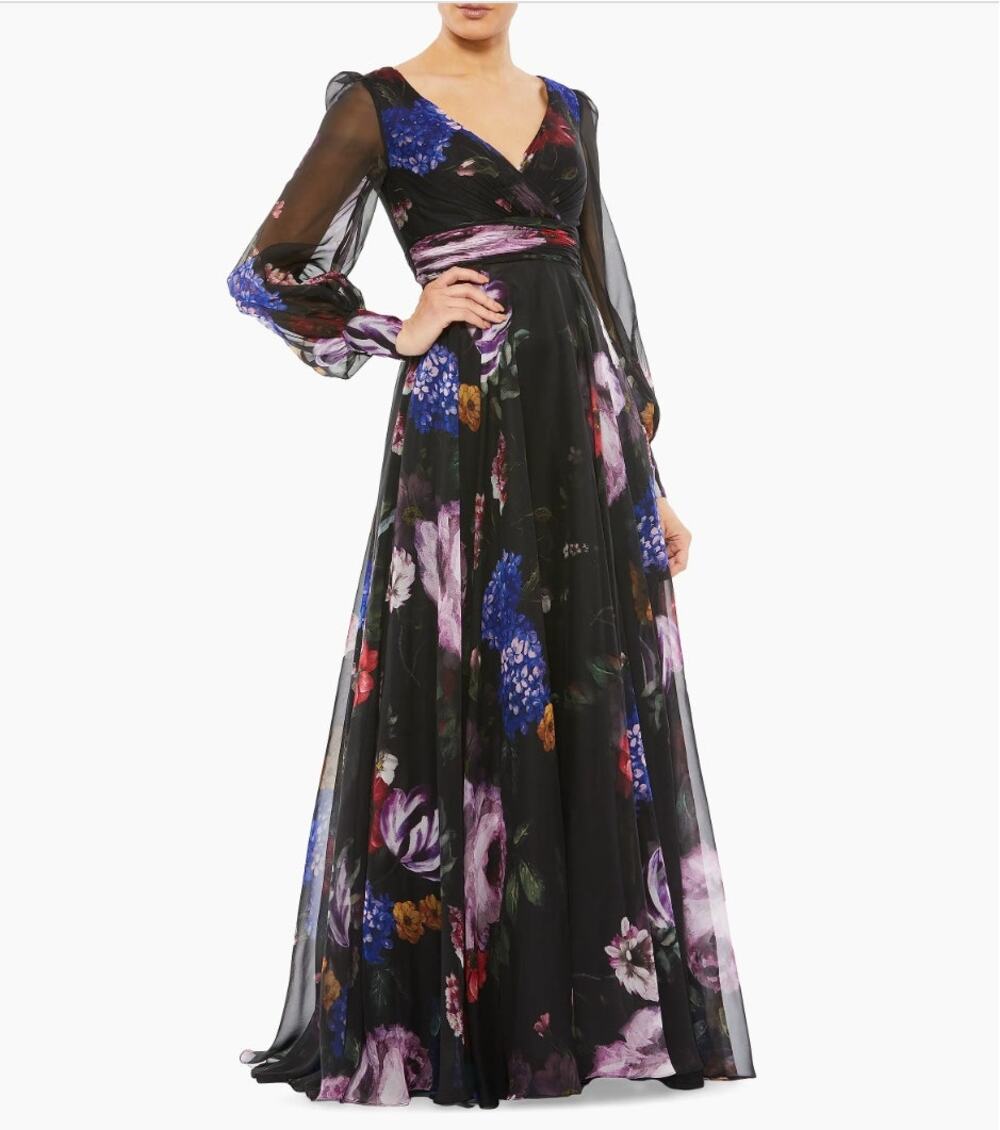 Mac Duggal Long Sleeve Floral Chiffon Gown Black Print 67872 Sz 2 NWT Romantic